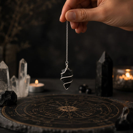 Raw Black Agate Pendulum with Silver Spiral