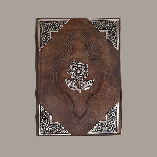 Large Red-Tan Leather Journal with Zinc Rose
