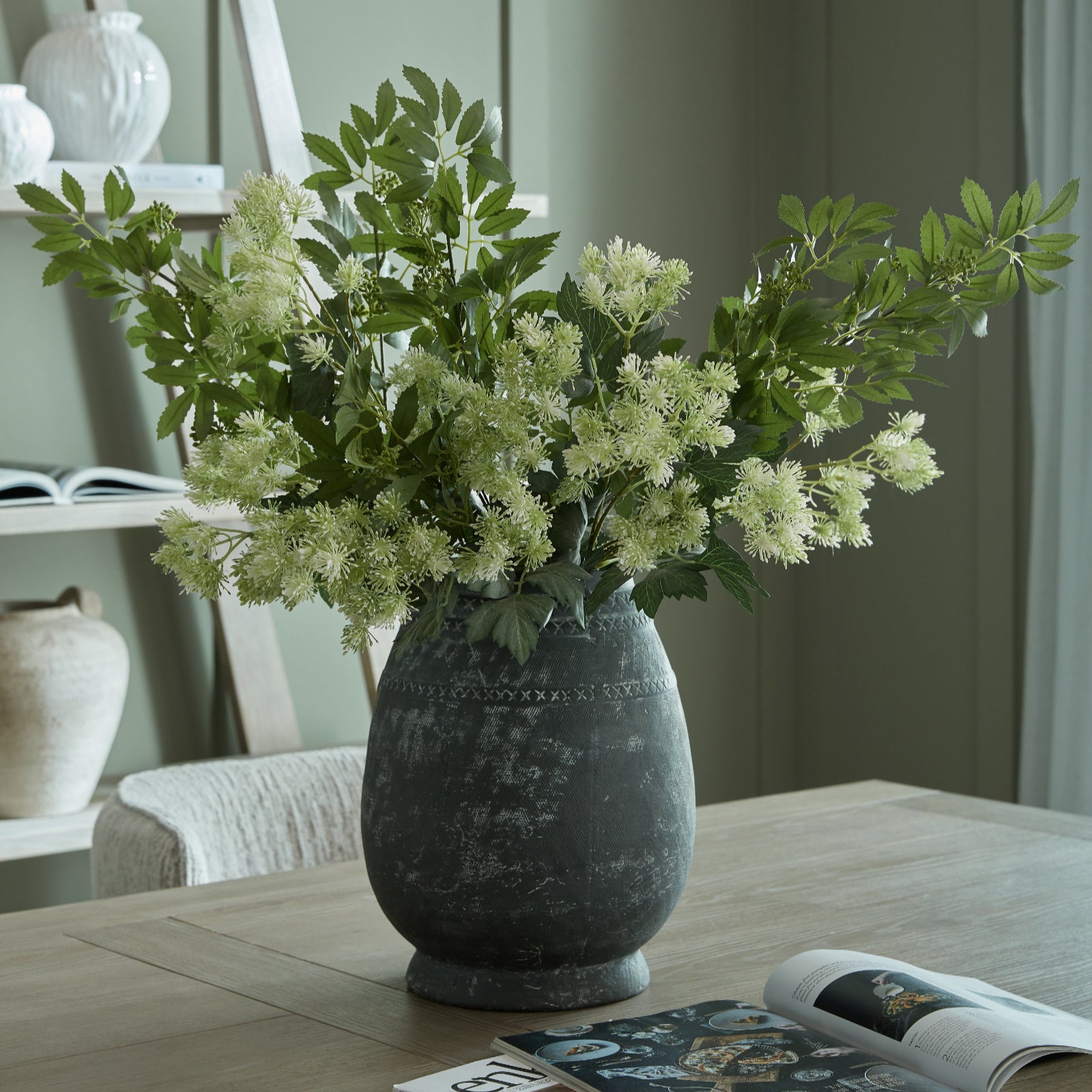 Etched black tall ceramic vase