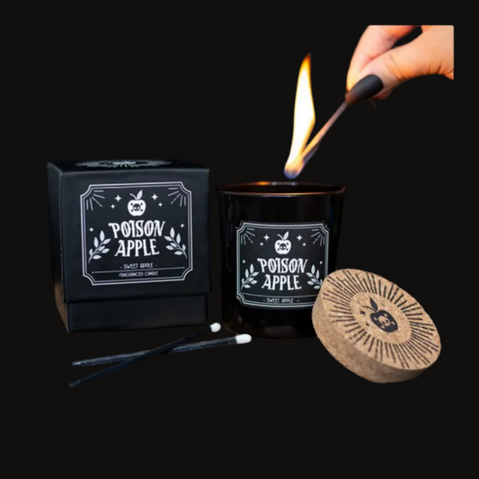 Poison Apple sweet apple scented candle in a black jar with matching box on a charcoal background