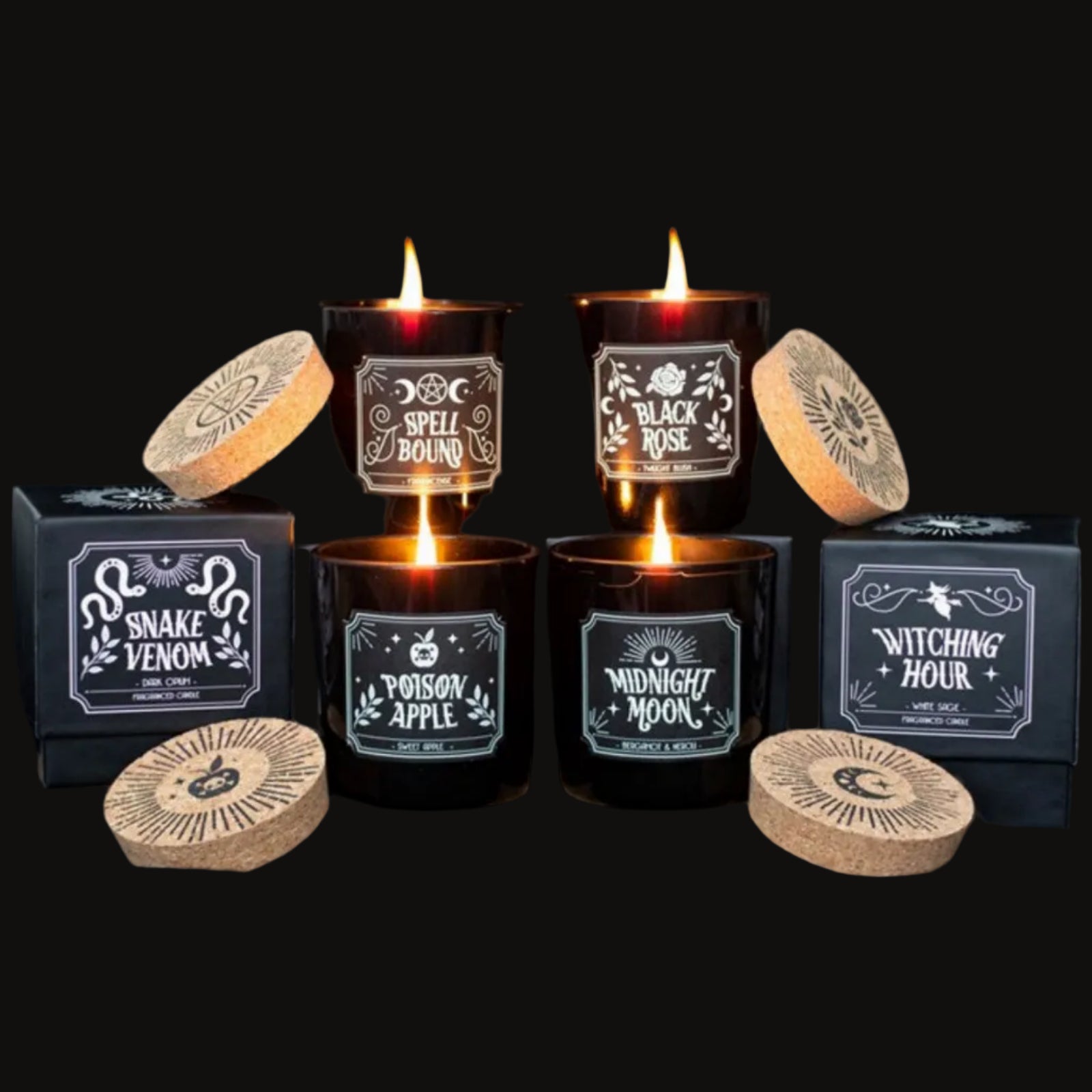 Midnight Ritual set of six scented candles in black jars with cork lids on a charcoal background