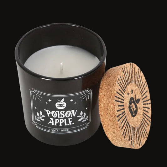 Black candle jar with 'Poison Apple' label and cork lid on a white background