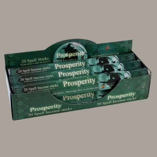 Prosperity Spell jasmine incense, set of six packs, displayed on a charcoal background