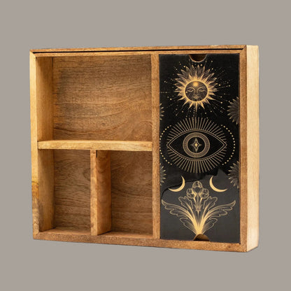 Four-Section Mango Wood Tarot Box with Card Holder