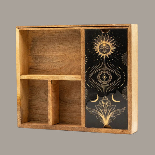 Four-Section Mango Wood Tarot Box with Card Holder