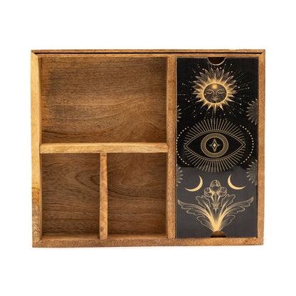 Four-Section Mango Wood Tarot Box with Card Holder