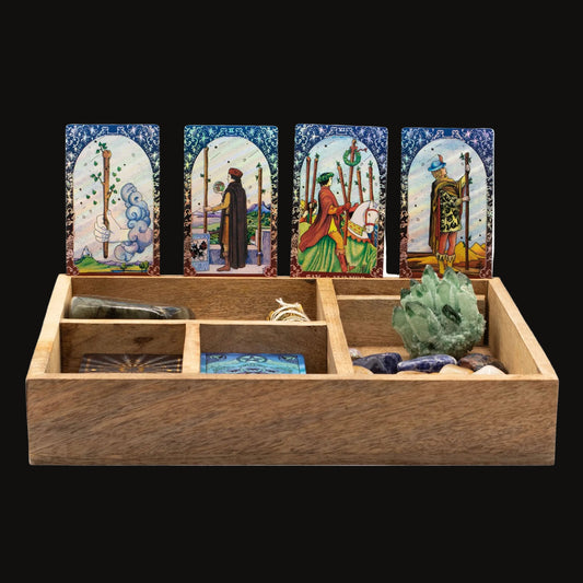 Four-Section Mango Wood Tarot Box with Card Holder