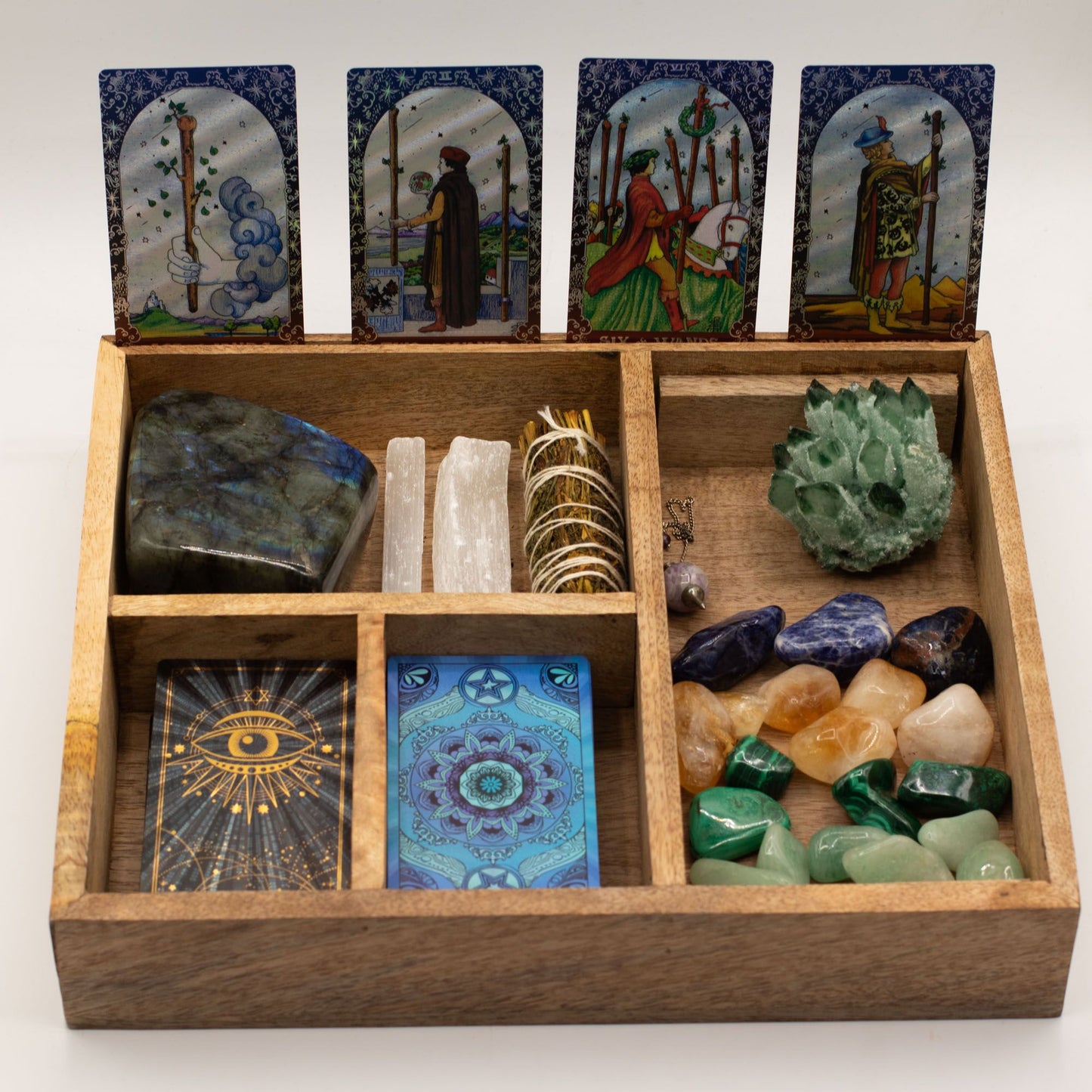 Four-Section Mango Wood Tarot Box with Card Holder