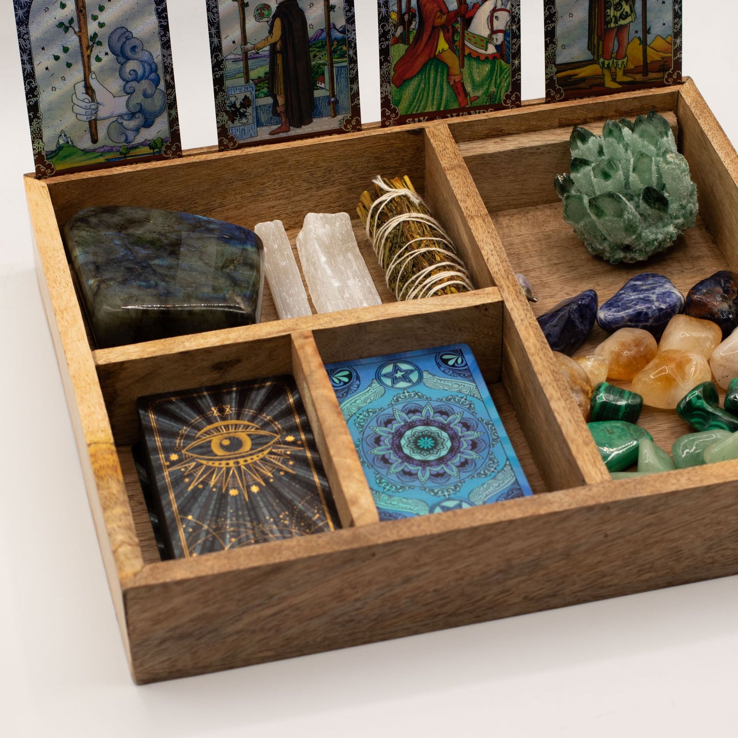 Four-Section Mango Wood Tarot Box with Card Holder