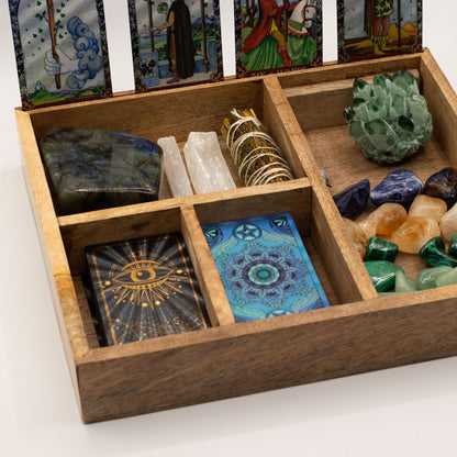 Four-Section Mango Wood Tarot Box with Card Holder
