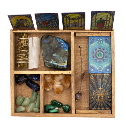Four-Section Mango Wood Tarot Box with Card Holder