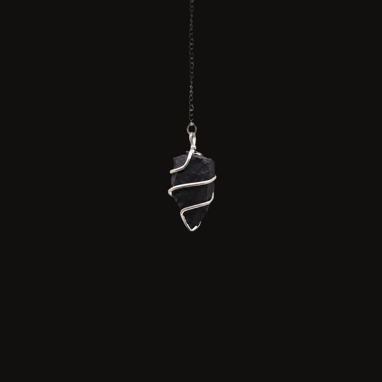 Raw Black Agate Pendulum with Silver Spiral