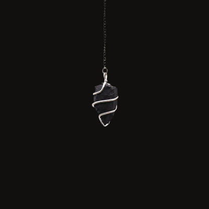 Raw Black Agate Pendulum with Silver Spiral