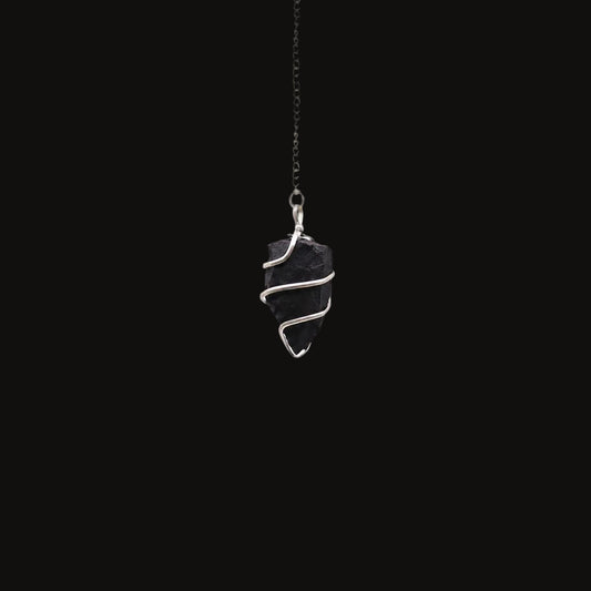 Raw Black Agate Pendulum with Silver Spiral