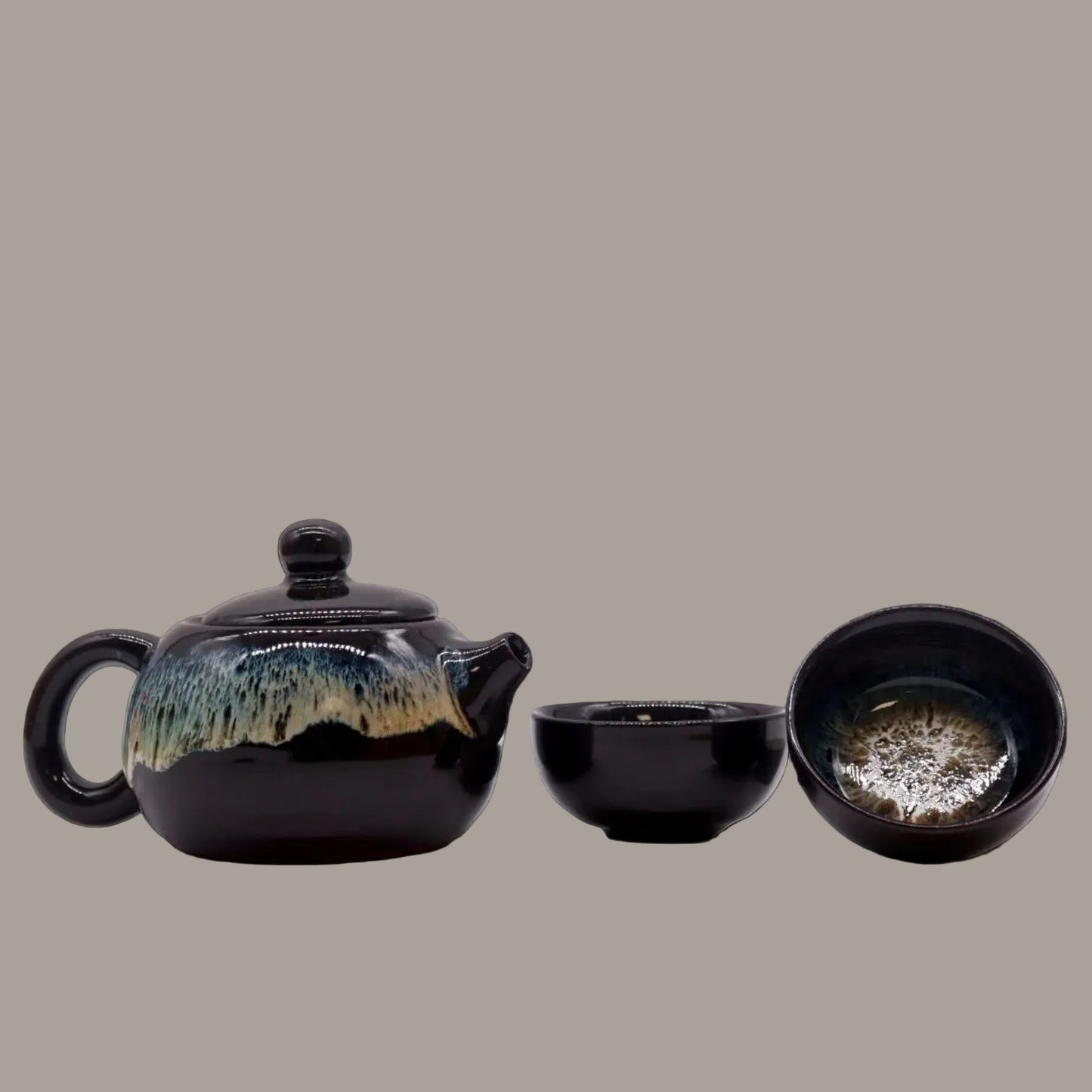 Black Glaze Teapot & Two Cup Set