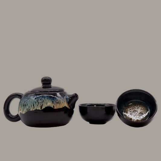 Black Glaze Teapot & Two Cup Set