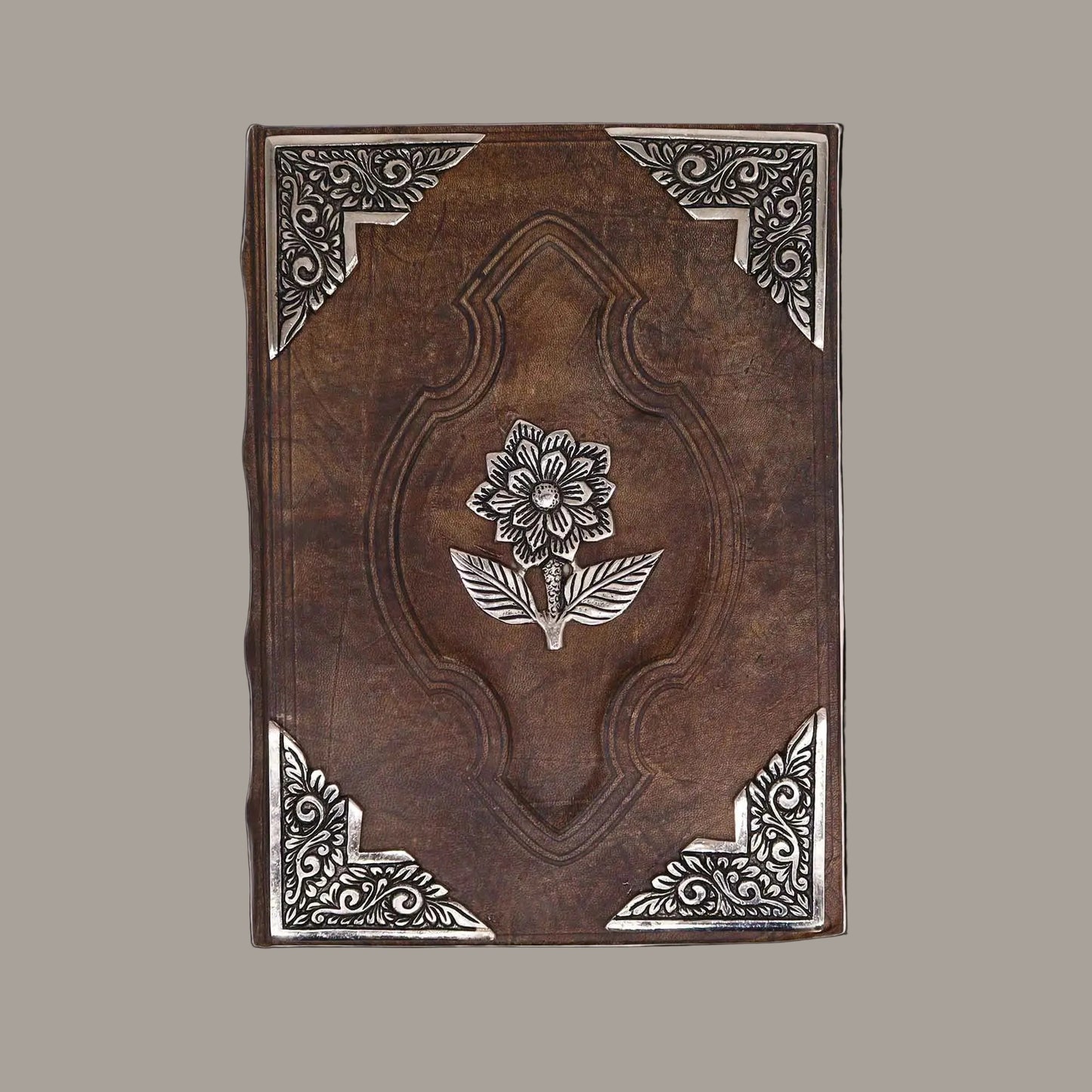 Large Red-Tan Leather Journal with Zinc Rose