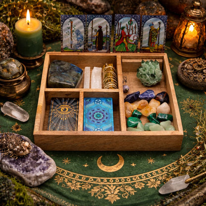 Four-Section Mango Wood Tarot Box with Card Holder