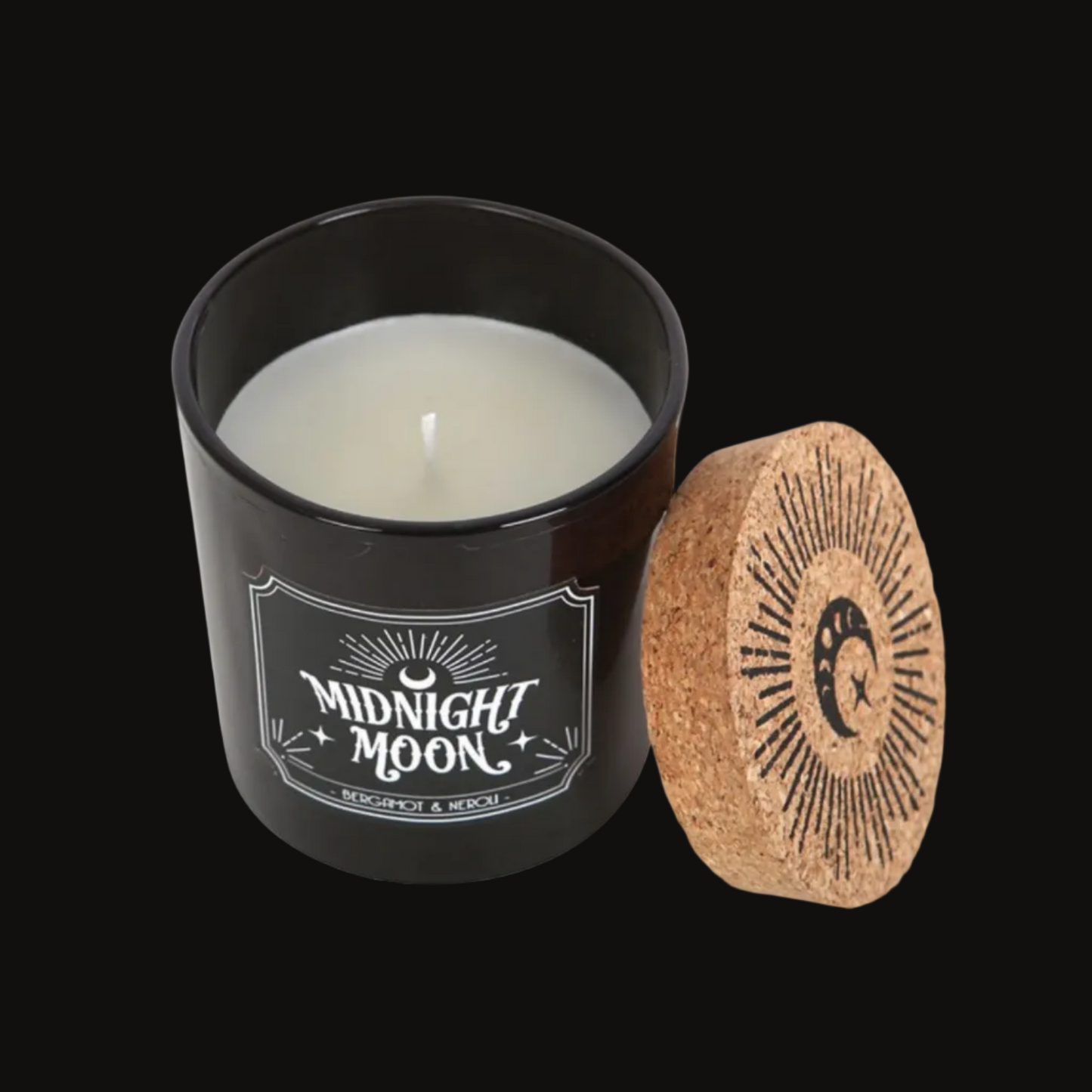 Candle in a black container with cork lid labeled 'Midnight Moon' on a white background